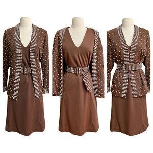 Vintage Handmade One of a Kind Beaded Rhinestone 3 Piece Belted Dress Jacket Set